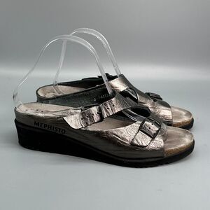 Mephisto Elka Women's 9 Silver Leather Slide Sandals Slip-On Wedge Heel Comfort